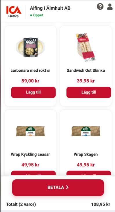 Produktvy i appen med färdigrätter och mackor