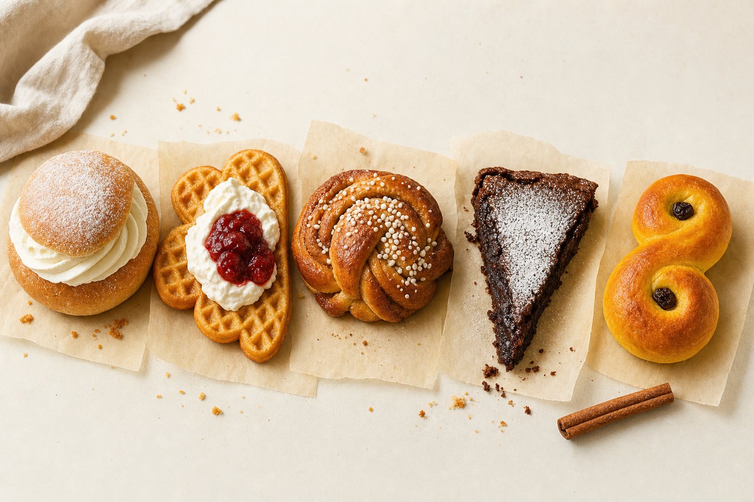 Semla, våffla, kanelbulle, kladdkaka och lussekatt på rad