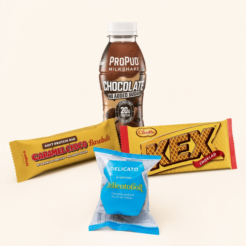 Toppsäljare inom snacks: Delicatoboll, Barebells proteinbar, Kexchoklad och ProPud milkshake